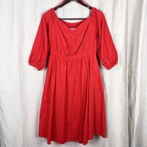 Anthropologie Klara off-shoulder midi dress bright red puff sleeve fit & flare